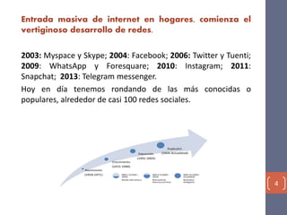 Entrada masiva de internet en hogares, comienza el
vertiginoso desarrollo de redes.
2003: Myspace y Skype; 2004: Facebook; 2006: Twitter y Tuenti;
2009: WhatsApp y Foresquare; 2010: Instagram; 2011:
Snapchat; 2013: Telegram messenger.
Hoy en día tenemos rondando de las más conocidas o
populares, alrededor de casi 100 redes sociales.
4
 