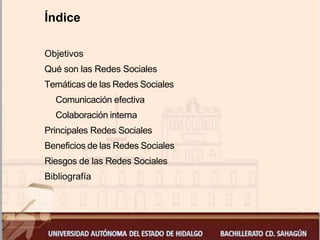Índice
Objetivos
Qué son las Redes Sociales
Temáticas de las Redes Sociales
Comunicación efectiva
Colaboración interna
Principales Redes Sociales
Beneficios de las Redes Sociales
Riesgos de las Redes Sociales
Bibliografía
 
