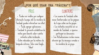 • Los usuarios de Facebook están
menos familiarizados con las páginas
de lo que están con los grupos.
• Los visitantes necesitan ser un
miembro de Facebook, si quieren
participar en discusiones.
• Las Actualizaciones reciben menos
atención que los mensajes enviados a
los miembros de un grupo.
• Pueden ser visibles por cualquier
Internauta (aunque sólo los miembros de
Facebook pueden interactuar con ellos)
• Puede agregar aplicaciones.
• Facebook te presenta estadísticas de
visitas para hacerle saber cuántos
visitantes están recibiendo.
• Están indexadas por los motores de
búsqueda externos, tales como Google,
Yahoo!
¿POR QUÉ USAR UNA “PÁGINA”?
PROS CONTRAS
 