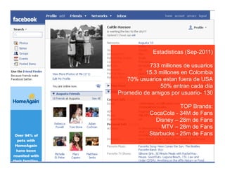 Estadisticas (Sep-2011)

           733 millones de usuarios
          15.3 millones en Colombia
   70% usuarios estan fuera de USA
               50% entran cada día
Promedio de amigos por usuario- 130

                       TOP Brands:
           CocaCola - 34M de Fans
             Disney – 28m de Fans
                MTV – 28m de Fans
           Starbucks - 25m de Fans
 