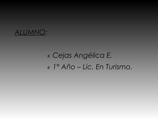 ALUMNO:


      #   Cejas Angélica E.
      #   1° Año – Lic. En Turismo.
 