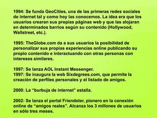 1994: Se funda GeoCities, una de las primeras redes sociales
de internet tal y como hoy las conocemos. La idea era que los
usuarios crearan sus propias páginas web y que las alojaran
en determinados barrios según su contenido (Hollywood,
Wallstreet, etc.).
1995: TheGlobe.com da a sus usuarios la posibilidad de
personalizar sus propias experiencias online publicando su
propio contenido e interactuando con otras personas con
intereses similares.
1997: Se lanza AOL Instant Messenger.
1997: Se inaugura la web Sixdegrees.com, que permite la
creación de perfiles personales y el listado de amigos.
2000: La “burbuja de internet” estalla.
2002: Se lanza el portal Friendster, pionero en la conexión
online de “amigos reales”. Alcanza los 3 millones de usuarios
en sólo tres meses.
 