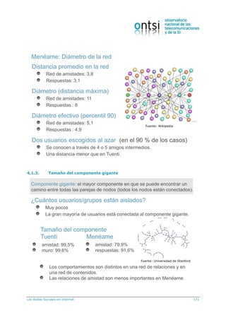 Las Redes Sociales en Internet 131
Menéame: Diámetro de la red
Distancia promedio en la red
Red de amistades: 3,8
Respuestas: 3,1
Diámetro (distancia máxima)
Red de amistades: 11
Respuestas : 8
Diámetro efectivo (percentil 90)
Red de amistades: 5,1
Respuestas : 4,9
Dos usuarios escogidos al azar (en el 90 % de los casos)
Se conocen a través de 4 o 5 amigos intermedios.
Una distancia menor que en Tuenti.
Fuente: Wikipedia
4.1.3. Tamaño del componente giganteTamaño del componente gigante
Componente gigante: el mayor componente en que se puede encontrar un
camino entre todas las parejas de nodos (todos los nodos están conectados).
¿Cuántos usuarios/grupos están aislados?
Muy pocos
La gran mayoría de usuarios está conectada al componente gigante.
Tamaño del componente
amistad: 99,5%
muro: 99,6%
Los comportamientos son distintos en una red de relaciones y en
una red de contenidos.
Las relaciones de amistad son menos importantes en Menéame.
amistad: 79,9%
respuestas: 91,6%
Tuenti Menéame
Fuente: Universidad de Stanford
 