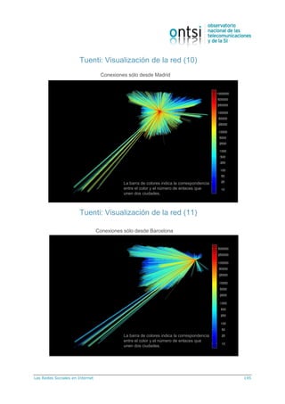 Las Redes Sociales en Internet 145
Tuenti: Visualización de la red (10)
Conexiones sólo desde Madrid
La barra de colores indica la correspondencia
entre el color y el número de enlaces que
unen dos ciudades.
Tuenti: Visualización de la red (11)
Conexiones sólo desde Barcelona
La barra de colores indica la correspondencia
entre el color y el número de enlaces que
unen dos ciudades.
 
