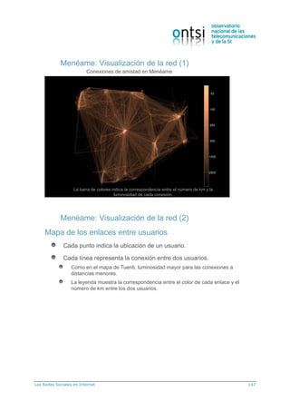 Las Redes Sociales en Internet 147
Menéame: Visualización de la red (1)
Conexiones de amistad en Menéame
La barra de colores indica la correspondencia entre el número de km y la
luminosidad de cada conexión.
Mapa de los enlaces entre usuarios
Cada punto indica la ubicación de un usuario.
Cada línea representa la conexión entre dos usuarios.
Como en el mapa de Tuenti, luminosidad mayor para las conexiones a
distancias menores.
La leyenda muestra la correspondencia entre el color de cada enlace y el
número de km entre los dos usuarios.
Menéame: Visualización de la red (2)
 