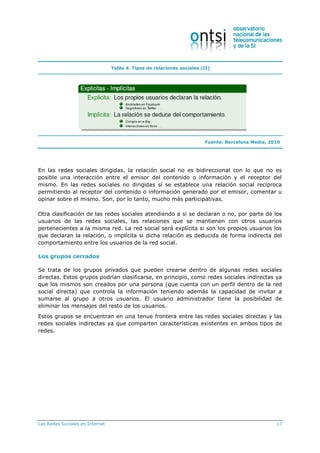 Las Redes Sociales en Internet 17
Tabla 4. Tipos de relaciones sociales (II)
Fuente: Barcelona Media, 2010
En las redes sociales dirigidas, la relación social no es bidireccional con lo que no es
posible una interacción entre el emisor del contenido o información y el receptor del
mismo. En las redes sociales no dirigidas sí se establece una relación social recíproca
permitiendo al receptor del contenido o información generado por el emisor, comentar u
opinar sobre el mismo. Son, por lo tanto, mucho más participativas.
Otra clasificación de las redes sociales atendiendo a si se declaran o no, por parte de los
usuarios de las redes sociales, las relaciones que se mantienen con otros usuarios
pertenecientes a la misma red. La red social será explícita si son los propios usuarios los
que declaran la relación, o implícita si dicha relación es deducida de forma indirecta del
comportamiento entre los usuarios de la red social.
Los grupos cerrados
Se trata de los grupos privados que pueden crearse dentro de algunas redes sociales
directas. Estos grupos podrían clasificarse, en principio, como redes sociales indirectas ya
que los mismos son creados por una persona (que cuenta con un perfil dentro de la red
social directa) que controla la información teniendo además la capacidad de invitar a
sumarse al grupo a otros usuarios. El usuario administrador tiene la posibilidad de
eliminar los mensajes del resto de los usuarios.
Estos grupos se encuentran en una tenue frontera entre las redes sociales directas y las
redes sociales indirectas ya que comparten características existentes en ambos tipos de
redes.
 