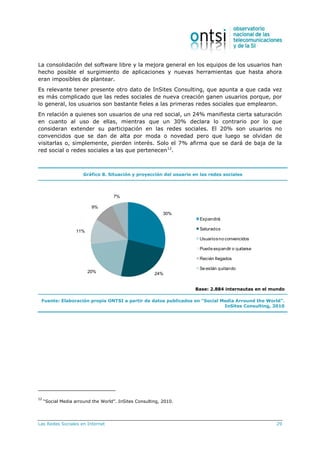 Las Redes Sociales en Internet 29
La consolidación del software libre y la mejora general en los equipos de los usuarios han
hecho posible el surgimiento de aplicaciones y nuevas herramientas que hasta ahora
eran imposibles de plantear.
Es relevante tener presente otro dato de InSites Consulting, que apunta a que cada vez
es más complicado que las redes sociales de nueva creación ganen usuarios porque, por
lo general, los usuarios son bastante fieles a las primeras redes sociales que emplearon.
En relación a quienes son usuarios de una red social, un 24% manifiesta cierta saturación
en cuanto al uso de ellas, mientras que un 30% declara lo contrario por lo que
consideran extender su participación en las redes sociales. El 20% son usuarios no
convencidos que se dan de alta por moda o novedad pero que luego se olvidan de
visitarlas o, simplemente, pierden interés. Solo el 7% afirma que se dará de baja de la
red social o redes sociales a las que pertenecen12
.
Gráfico 8. Situación y proyección del usuario en las redes sociales
30%
24%20%
11%
9%
7%
Expandirá
Saturados
Usuariosno convencidos
Puede expandir o quitarse
Recién llegados
Se están quitando
Base: 2.884 internautas en el mundo
Fuente: Elaboración propia ONTSI a partir de datos publicados en “Social Media Arround the World”.
InSites Consulting, 2010
12
“Social Media arround the World”. InSites Consulting, 2010.
 