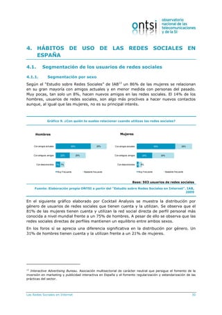 Las Redes Sociales en Internet 30
4. HÁBITOS DE USO DE LAS REDES SOCIALES EN
ESPAÑA
4.1. Segmentación de los usuarios de redes sociales
4.1.1. Segmentación por sexo
Según el “Estudio sobre Redes Sociales” de IAB13
un 86% de las mujeres se relacionan
en su gran mayoría con amigos actuales y en menor medida con personas del pasado.
Muy pocas, tan solo un 8%, hacen nuevos amigos en las redes sociales. El 14% de los
hombres, usuarios de redes sociales, son algo más proclives a hacer nuevos contactos
aunque, al igual que las mujeres, no es su principal interés.
Gráfico 9. ¿Con quién te sueles relacionar cuando utilizas las redes sociales?
Base: 503 usuarios de redes sociales
Fuente: Elaboración propia ONTSI a partir del “Estudio sobre Redes Sociales en Internet”. IAB,
2009
En el siguiente gráfico elaborado por Cocktail Analysis se muestra la distribución por
género de usuarios de redes sociales que tienen cuenta y la utilizan. Se observa que el
81% de las mujeres tienen cuenta y utilizan la red social directa de perfil personal más
conocida a nivel mundial frente a un 75% de hombres. A pesar de ello se observa que las
redes sociales directas de perfiles mantienen un equilibrio entre ambos sexos.
En los foros sí se aprecia una diferencia significativa en la distribución por género. Un
31% de hombres tienen cuenta y la utilizan frente a un 21% de mujeres.
13
Interactive Advertising Bureau. Asociación multisectorial de carácter neutral que persigue el fomento de la
inversión en marketing y publicidad interactiva en España y el fomento regularización y estandarización de las
prácticas del sector.
55%
22%
7%
25%
25%
7%
Con amigos actuales
Con antiguos amigos
Con desconocidos
Muy Frecuente Bastante frecuente
60%
24%
3%
26%
34%
5%
Con amigos actuales
Con antiguos amigos
Con desconocidos
Muy Frecuente Bastante frecuente
Hombres Mujeres
 