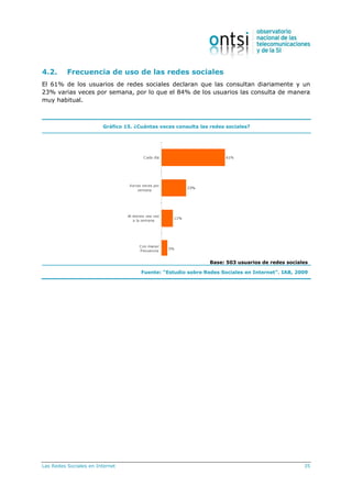Las Redes Sociales en Internet 35
4.2. Frecuencia de uso de las redes sociales
El 61% de los usuarios de redes sociales declaran que las consultan diariamente y un
23% varias veces por semana, por lo que el 84% de los usuarios las consulta de manera
muy habitual.
Gráfico 15. ¿Cuántas veces consulta las redes sociales?
Base: 503 usuarios de redes sociales
Fuente: “Estudio sobre Redes Sociales en Internet”. IAB, 2009
 