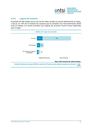 Las Redes Sociales en Internet 39
4.2.4. Lugares de conexión
El estudio de IAB señala que el uso de las redes sociales se asocia básicamente al hogar,
y fija en un 73% de la muestra los usuarios que se conectan muy frecuentemente desde
casa. El trabajo o el centro formativo son lugares de conexión mucho menos habituales
que el hogar.
Gráfico 19. Lugar de conexión
14%
8%
4%
73%
9%
4%
En casa
En el trabajo
En el Colegio, Instituto o
Universidad
Bastante frecuente Muy Frecuente
Base: 503 usuarios de redes sociales
Fuente: Elaboración propia ONTSI a partir del “Estudio sobre Redes Sociales en Internet”. IAB,
2009
 