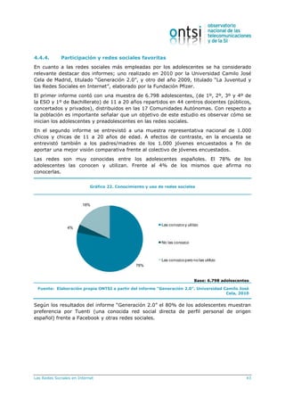 Las Redes Sociales en Internet 43
4.4.4. Participación y redes sociales favoritas
En cuanto a las redes sociales más empleadas por los adolescentes se ha considerado
relevante destacar dos informes; uno realizado en 2010 por la Universidad Camilo José
Cela de Madrid, titulado “Generación 2.0”, y otro del año 2009, titulado “La Juventud y
las Redes Sociales en Internet”, elaborado por la Fundación Pfizer.
El primer informe contó con una muestra de 6.798 adolescentes, (de 1º, 2º, 3º y 4º de
la ESO y 1º de Bachillerato) de 11 a 20 años repartidos en 44 centros docentes (públicos,
concertados y privados), distribuidos en las 17 Comunidades Autónomas. Con respecto a
la población es importante señalar que un objetivo de este estudio es observar cómo se
inician los adolescentes y preadolescentes en las redes sociales.
En el segundo informe se entrevistó a una muestra representativa nacional de 1.000
chicos y chicas de 11 a 20 años de edad. A efectos de contraste, en la encuesta se
entrevistó también a los padres/madres de los 1.000 jóvenes encuestados a fin de
aportar una mejor visión comparativa frente al colectivo de jóvenes encuestados.
Las redes son muy conocidas entre los adolescentes españoles. El 78% de los
adolescentes las conocen y utilizan. Frente al 4% de los mismos que afirma no
conocerlas.
Gráfico 22. Conocimiento y uso de redes sociales
78%
4%
18%
Las conozco y utilizo
No las conozco
Las conozco pero no las utilizo
Base: 6.798 adolescentes
Fuente: Elaboración propia ONTSI a partir del informe “Generación 2.0”. Universidad Camilo José
Cela, 2010
Según los resultados del informe “Generación 2.0” el 80% de los adolescentes muestran
preferencia por Tuenti (una conocida red social directa de perfil personal de origen
español) frente a Facebook y otras redes sociales.
 