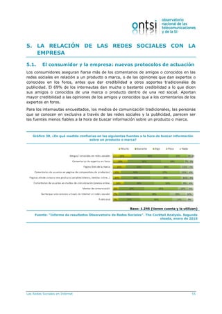 Las Redes Sociales en Internet 55
5. LA RELACIÓN DE LAS REDES SOCIALES CON LA
EMPRESA
5.1. El consumidor y la empresa: nuevos protocolos de actuación
Los consumidores aseguran fiarse más de los comentarios de amigos o conocidos en las
redes sociales en relación a un producto o marca, o de las opiniones que dan expertos o
conocidos en los foros, antes que dar credibilidad a otros soportes tradicionales de
publicidad. El 69% de los internautas dan mucha o bastante credibilidad a lo que dicen
sus amigos o conocidos de una marca o producto dentro de una red social. Aportan
mayor credibilidad a las opiniones de los amigos y conocidos que a los comentarios de los
expertos en foros.
Para los internautas encuestados, los medios de comunicación tradicionales, las personas
que se conocen en exclusiva a través de las redes sociales y la publicidad, parecen ser
las fuentes menos fiables a la hora de buscar información sobre un producto o marca.
Gráfico 38. ¿En qué medida confiarías en las siguientes fuentes a la hora de buscar información
sobre un producto o marca?
Base: 1.246 (tienen cuenta y la utilizan)
Fuente: “Informe de resultados Observatorio de Redes Sociales”. The Cocktail Analysis. Segunda
oleada, enero de 2010
 