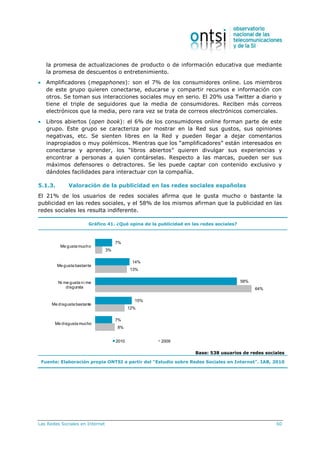 Las Redes Sociales en Internet 60
la promesa de actualizaciones de producto o de información educativa que mediante
la promesa de descuentos o entretenimiento.
 Amplificadores (megaphones): son el 7% de los consumidores online. Los miembros
de este grupo quieren conectarse, educarse y compartir recursos e información con
otros. Se toman sus interacciones sociales muy en serio. El 20% usa Twitter a diario y
tiene el triple de seguidores que la media de consumidores. Reciben más correos
electrónicos que la media, pero rara vez se trata de correos electrónicos comerciales.
 Libros abiertos (open book): el 6% de los consumidores online forman parte de este
grupo. Este grupo se caracteriza por mostrar en la Red sus gustos, sus opiniones
negativas, etc. Se sienten libres en la Red y pueden llegar a dejar comentarios
inapropiados o muy polémicos. Mientras que los “amplificadores” están interesados en
conectarse y aprender, los “libros abiertos” quieren divulgar sus experiencias y
encontrar a personas a quien contárselas. Respecto a las marcas, pueden ser sus
máximos defensores o detractores. Se les puede captar con contenido exclusivo y
dándoles facilidades para interactuar con la compañía.
5.1.3. Valoración de la publicidad en las redes sociales españolas
El 21% de los usuarios de redes sociales afirma que le gusta mucho o bastante la
publicidad en las redes sociales, y el 58% de los mismos afirman que la publicidad en las
redes sociales les resulta indiferente.
Gráfico 41. ¿Qué opina de la publicidad en las redes sociales?
7%
14%
58%
15%
7%
3%
13%
64%
12%
8%
Me gusta mucho
Me gusta bastante
Ni me gusta ni me
disgursta
Me disgusta bastante
Me disgusta mucho
2010 2009
Base: 538 usuarios de redes sociales
Fuente: Elaboración propia ONTSI a partir del “Estudio sobre Redes Sociales en Internet”. IAB, 2010
 