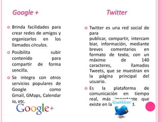 Google +                                Twitter
   Brinda facilidades para        Twitter es una red social de
    crear redes de amigos y         para
    organizarlos en los             publicar, compartir, intercam
    llamados círculos.              biar, información, mediante
                                    breves      comentarios     en
   Posibilita          subir       formato de texto, con un
    contenido            para       máximo           de        140
    compartir de forma              caracteres,           llamados
    sencilla.                       Tweets, que se muestran en
   Se integra con otros            la página principal del
    servicios populares de          usuario.
    Google             como        Es     la    plataforma     de
    Gmail, GMaps, Calendar          comunicación en tiempo
    io, etc.                        real, más importante que
                                    existe en la actualidad.
 