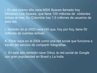 i. En ese mismo año nace MSN Spaces llamado hoy Windows Live Spaces, que tiene 100 millones de  visitantes únicos al mes. En Colombia hay 1.5 millones de usuarios de esta red.j. También en el 2003 nace Hi5 que, hoy por hoy, tiene 50 millones de cuentas activas.K. Flickr nace en el 2004 como una red social que funciona a través del servicio de compartir fotografías.l.  En este año también nace Orkut, la red social de Google con gran popularidad en Brasil y La India.