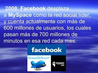   2008 :  Facebook  desplaza a  MySpace  como la red social líder, y cuenta actualmente con más de 600 millones de usuarios, los cuales pasan más de 700 millones de minutos en esa red cada mes.  