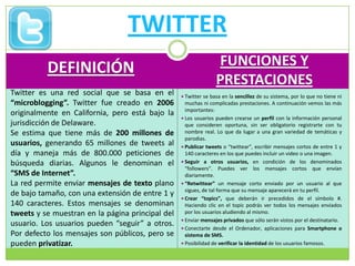 TWITTER
          DEFINICIÓN                                             FUNCIONES Y
                                                                 PRESTACIONES
Twitter es una red social que se basa en el        Twitter se basa en la sencillez de su sistema, por lo que no tiene ni
“microblogging”. Twitter fue creado en 2006         muchas ni complicadas prestaciones. A continuación vemos las más
                                                    importantes:
originalmente en California, pero está bajo la
                                                   Los usuarios pueden crearse un perfil con la información personal
jurisdicción de Delaware.                           que consideren oportuna, sin ser obligatorio registrarte con tu
Se estima que tiene más de 200 millones de          nombre real. Lo que da lugar a una gran variedad de temáticas y
                                                    parodias.
usuarios, generando 65 millones de tweets al       Publicar tweets o “twittear”, escribir mensajes cortos de entre 1 y
día y maneja más de 800.000 peticiones de           140 caracteres en los que puedes incluir un video o una imagen.
búsqueda diarias. Algunos le denominan el          Seguir a otros usuarios, en condición de los denominados
                                                    “followers”. Puedes ver los mensajes cortos que envían
“SMS de Internet”.                                  diariamente.
La red permite enviar mensajes de texto plano      “Retwittear” un mensaje corto enviado por un usuario al que
                                                    sigues, de tal forma que su mensaje aparecerá en tu perfil.
de bajo tamaño, con una extensión de entre 1 y
                                                   Crear “topics”, que deberán ir precedidos de el símbolo #.
140 caracteres. Estos mensajes se denominan         Haciendo clic en el topic podrás ver todos los mensajes enviados
tweets y se muestran en la página principal del     por los usuarios aludiendo al mismo.
                                                   Enviar mensajes privados que sólo serán vistos por el destinatario.
usuario. Los usuarios pueden “seguir” a otros.
                                                   Conectarte desde el Ordenador, aplicaciones para Smartphone o
Por defecto los mensajes son públicos, pero se      sistema de SMS.
pueden privatizar.                                 Posibilidad de verificar la identidad de los usuarios famosos.
 