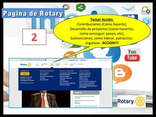 Pagina de R otaryPagina de R otary
Tomar Acción:
Contribuciones (Como hacerlo),
Desarrollo de proyectos (como hacerlos,
como conseguir apoyo, etc),
Subvenciones, como liderar, patrocinar,
organizar. ACCION!!!
 