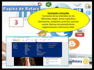 Pagina de R otaryPagina de R otary
Formación y Consulta:
Funciones de los miembros en los
diferentes cargos, temas específicos
(donaciones, proyectos, premios), quienes
somos, Normas de procedimiento,
reglamentación, Seminarios Web.
 