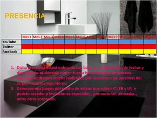 PRESENCIA

           Mes 1 Mes 2 Mes 3 Mes 4 Mes 5 Mes 6 Mes 7 Mes 8 Mes 9 Mes 10 Mes 11 Mes 12
YouTube
Twitter
FaceBook



    1. Dicha presencia estará enfocada con base en el calendario de fechas y
       días especiales dándole mayor fuerza hacia los fines de semana.
    2. Siempre tendremos videos realizados por nosotros o las personas del
       target, nuestros seguidores.
    3. Generaremos juegos por medio de videos que suban YT, FB y LP, y
       podrán acceder a invitaciones especiales , promociones ,entradas.,
       entre otras sorpresas.
 