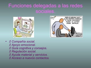 Funciones delegadas a las redes sociales. ۩  Compañía social. ۩  Apoyo emocional. ۩  Guía cognitiva y consejos. ۩  Regulación social. ۩  Ayuda material y servicios. ۩  Acceso a nuevos contactos.   