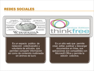 REDES SOCIALES




     Es un espacio publico de         Es un sitio web que permite
     redacción colectiva(wiki) y    crear, editar, publicar y descargar
     voluntaria de artículos, que       documentos en línea, sus
  permiten compartir información    aplicaciones son compatibles con
 así como de contenido multimedia      Microsoft Office y permite la
         sin ánimos de lucro                edición colectiva.
 