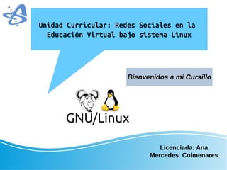 Unidad Curricular: Redes Sociales en la
Educación Virtual bajo sistema Linux
Licenciada: Ana
Mercedes Colmenares
Bienvenidos a mi Cursillo
Bienvenidos a mi Cursillo
 