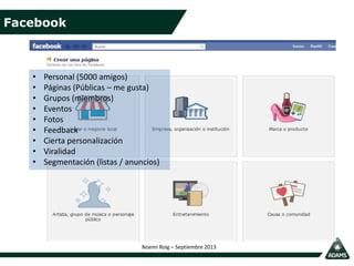 Facebook
Noemí Roig – Septiembre 2013
• Personal (5000 amigos)
• Páginas (Públicas – me gusta)
• Grupos (miembros)
• Event...