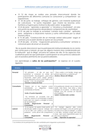 Reflexiones sobre participación social en Salud 
• El 12 de mayo se realiza una jornada intercomunal donde las 
participantes de diferentes comunas se conocieran y compartieran sus 
experiencias. 
• El 03 de junio, se trabaja enfoque de género, con material audiovisual 
de caricaturas "el sueño imposible", que mostró las brechas entre 
hombres y mujeres para motivar la discusión sobre la igualdad. 
• El 24 de junio “aprender a aprender” e “iniciativa y creatividad”, en este 
encuentro las participantes desarrollaron competencias de asertividad. 
• El 01 de julio se trabajó la actividad "cambia todo cambia" aptitudes 
para adaptarse a situaciones nuevas y como enfrentarlos por su salud 
mental y física. 
• El 15 de julio, “Construcción de un mensaje verbal adecuado” según el 
286 
contexto y la ocasión donde se quiere ser escuchada. 
• El 29 de julio, el tema “negociación personal y comunitaria” sentarse a 
conversar para alcanzar un acuerdo. 
No se puede desconocer que la participación institucionalizada no es ciento 
por ciento pura y natural, ya que de alguna manera ésta condicionada por 
la institución que la dirige, encarna los valores de ella. En los aspectos más 
cualitativos para las que participan o participaron se encuentra la valoración 
por el autodescubrimiento de sus potencialidades. 
Los aprendizajes o saltos de las participantes20 se expresa en el cuadro 
siguiente: 
Ámbitos Genero Salud 
Personal “Al principio…, el día en que nos 
juntamos y comenzó la ronda de 
presentación, me pregunte ¿qué estoy 
haciendo aquí?...pero luego pensé, 
estoy aquí para crecer como mujer y me 
quede”. Y no me arrepiento 
Soledad, Evaluación final 
“ Para cuidar a mi familia, tengo que 
primero quererme y cuidarme yo” 
Andrea, Diosas del Olimpo. 
Comunitario “Quiero ver a las mujeres como 
autoridades y dirigentes todas 
cambiando el mundo …” 
Ivette, El sueño Imposible 
“Ya tenemos un acuerdo con las 
vecinas, vamos a ir al municipio a hablar 
para que nos vayan a arreglar el tema 
de las luminarias”… 
Cecilia, Negociación Personal y 
Comunitaria 
A la población donde vivo le falta más 
verde, más flores, más niños y niñas 
jugando en la plaza, le falta que yo 
trabaje con mis vecinas en hacerlo 
una realidad”. 
Isabel, Cambia todo cambia. 
Laboral 
“Si mi esposo, no quiere mala suerte, ya 
decidí que saldré a buscar trabajo, eso 
sí se lo diré con calma y con buenas 
palabras, como dicen mis compañeras 
.. 
Maria, Negociación Personal y 
Comunitaria 
“Yo trabajo algunos días como 
asesora del hogar, y me di cuenta que 
no todo en la vida es trabajar y cuidar 
a mis hijos, también tengo que hacer 
cosas que sean importantes para mí, 
sino una se deprime” 
Julia, “ Aprender ha aprender” 
20 Los nombres de las participantes han sido cambiados para resguardar su privacidad. 
 