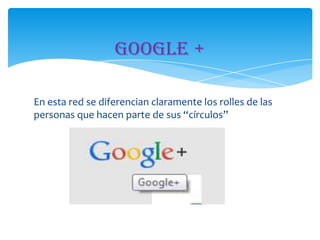 Google +
En esta red se diferencian claramente los rolles de las
personas que hacen parte de sus “círculos”

 