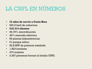 LA CNFL EN NÚMEROS
•
•
•
•
•
•
•
•
•
•
•

72 años de servir a Costa Rica
920,9 km2 de cobertura
510.314 clientes
99,79% electrificación
46% mercado eléctrico
09 plantas hidroeléctricas
01 parque eólico
92,8 MW de potencia instalada
1.823 hombres
474 mujeres
2.297 personas forman la familia CNFL

 