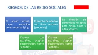 RIESGOS DE LAS REDES SOCIALES
El acoso virtual,
mejor conocido
como cyberbullying.
El acecho de adultos
con fines sexuales
(grooming).
La difusión de
contenidos no aptos
para niños, niñas y
adolescentes.
Chatear con
extraños, aceptar
desconocidos como
“amigos”.
Chatear con
extraños, aceptar
desconocidos como
“amigos”.
 