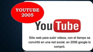 YOUTUBE
2005
Sitio web para subir videos, con el tiempo se
convirtió en una red social, en 2006 google lo
compró.
 