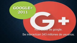 GOOGLE+
2011
Red social de google.
Se interactúan 343 millones de usuarios.
 