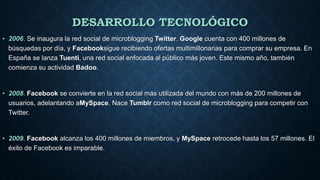 DESARROLLO TECNOLÓGICO
• 2006. Se inaugura la red social de microblogging Twitter. Google cuenta con 400 millones de
búsquedas por día, y Facebooksigue recibiendo ofertas multimillonarias para comprar su empresa. En
España se lanza Tuenti, una red social enfocada al público más joven. Este mismo año, también
comienza su actividad Badoo.
• 2008. Facebook se convierte en la red social más utilizada del mundo con más de 200 millones de
usuarios, adelantando aMySpace. Nace Tumblr como red social de microblogging para competir con
Twitter.
• 2009. Facebook alcanza los 400 millones de miembros, y MySpace retrocede hasta los 57 millones. El
éxito de Facebook es imparable.
 