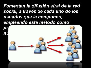 Fomentan la difusión viral de la red
social, a través de cada uno de los
usuarios que la componen,
empleando este método como
principal forma de crecimiento del
número de usuarios.
 
