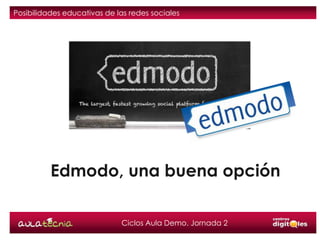 Posibilidades educativas de las redes sociales




          Edmodo, una buena opción

                             Ciclos Aula Demo. Jornada 2
 