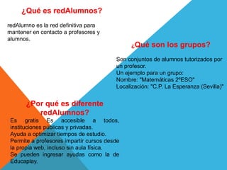 ¿Qué son los grupos?
Son conjuntos de alumnos tutorizados por
un profesor.
Un ejemplo para un grupo:
Nombre: "Matemáticas 2ºESO"
Localización: "C.P. La Esperanza (Sevilla)"
¿Qué es redAlumnos?
redAlumno es la red definitiva para
mantener en contacto a profesores y
alumnos.
¿Por qué es diferente
redAlumnos?
Es gratis Es accesible a todos,
instituciones públicas y privadas.
Ayuda a optimizar tiempos de estudio.
Permite a profesores impartir cursos desde
la propia web, incluso sin aula física.
Se pueden ingresar ayudas como la de
Educaplay.
 