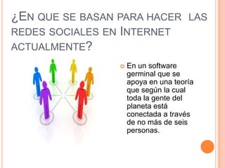 ¿EN QUE SE BASAN PARA HACER LAS
REDES SOCIALES EN INTERNET
ACTUALMENTE?
                    En un software
                     germinal que se
                     apoya en una teoría
                     que según la cual
                     toda la gente del
                     planeta está
                     conectada a través
                     de no más de seis
                     personas.
 