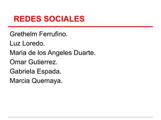 REDES SOCIALES
Grethelm Ferrufino.
Luz Loredo.
Maria de los Angeles Duarte.
Omar Gutierrez.
Gabriela Espada.
Marcia Quemaya.
 