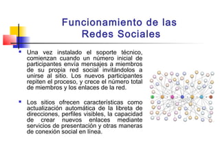 Funcionamiento de las
Redes Sociales
 Una vez instalado el soporte técnico,
comienzan cuando un número inicial de
participantes envía mensajes a miembros
de su propia red social invitándolos a
unirse al sitio. Los nuevos participantes
repiten el proceso, y crece el número total
de miembros y los enlaces de la red.
 Los sitios ofrecen características como
actualización automática de la libreta de
direcciones, perfiles visibles, la capacidad
de crear nuevos enlaces mediante
servicios de presentación y otras maneras
de conexión social en línea.
 
