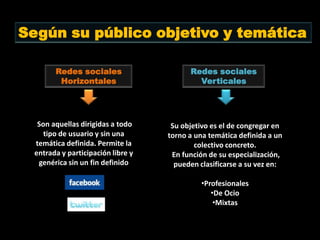 Según su público objetivo y temática

        Redes sociales                    Redes sociales
         Horizontales                       Verticales




   Son aquellas dirigidas a todo     Su objetivo es el de congregar en
     tipo de usuario y sin una      torno a una temática definida a un
  temática definida. Permite la             colectivo concreto.
  entrada y participación libre y    En función de su especialización,
   genérica sin un fin definido       pueden clasificarse a su vez en:

                                             •Profesionales
                                                •De Ocio
                                                 •Mixtas
 