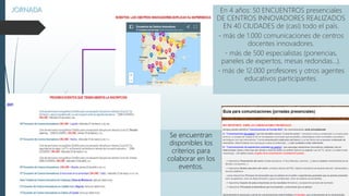 JORNADA En 4 años: 50 ENCUENTROS presenciales
DE CENTROS INNOVADORES REALIZADOS
EN 40 CIUDADES de (casi) todo el país.
- más de 1.000 comunicaciones de centros
docentes innovadores.
- más de 500 especialistas (ponencias,
paneles de expertos, mesas redondas...).
- más de 12.000 profesores y otros agentes
educativos participantes.
Se encuentran
disponibles los
criterios para
colaborar en los
eventos.
 