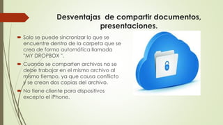 Desventajas de compartir documentos,
presentaciones.
 Solo se puede sincronizar lo que se
encuentre dentro de la carpeta que se
crea de forma automática llamada
''MY DROPBOX ''.
 Cuando se comparten archivos no se
debe trabajar en el mismo archivo al
mismo tiempo, ya que causa conflicto
y se crean dos copias del archivo.
 No tiene cliente para dispositivos
excepto el iPhone.
 