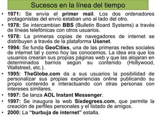 Sucesos en la línea del tiempo
• 1971: Se envía el primer mail. Los dos ordenadores
protagonistas del envío estaban uno al lado del otro.
• 1978: Se intercambian BBS (Bulletin Board Systems) a través
de líneas telefónicas con otros usuarios.
• 1978: La primeras copias de navegadores de internet se
distribuyen a través de la plataforma Usenet.
• 1994: Se funda GeoCities, una de las primeras redes sociales
de internet tal y como hoy las conocemos. La idea era que los
usuarios crearan sus propias páginas web y que las alojaran en
determinados barrios según su contenido (Hollywood,
Wallstreet, etc.).
• 1995: TheGlobe.com da a sus usuarios la posibilidad de
personalizar sus propias experiencias online publicando su
propio contenido e interactuando con otras personas con
intereses similares.
• 1997: Se lanza AOL Instant Messenger.
• 1997: Se inaugura la web Sixdegrees.com, que permite la
creación de perfiles personales y el listado de amigos.
• 2000: La “burbuja de internet” estalla.
 