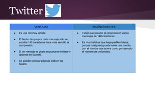 Twitter
VENTAJAS INCONVENIENTES
● Es una red muy simple.
● El hecho de que por cada mensaje sólo se
escriba 140 caracteres hace más sencillo la
compresión.
● Si un mensaje te gusta se puede re twittear y
aparece en tu perfil.
● Se pueden colocar páginas web en los
tweets.
● Tener que resumir el contenido en varios
mensajes de 140 caracteres.
● Es muy habitual que haya perfiles falsos,
porque cualquiera puede crear una cuenta
con el nombre que quiera como por ejemplo
el nombre de un famoso.
 