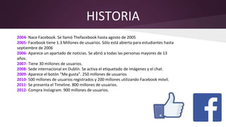 HISTORIA
2004- Nace Facebook. Se llamó Thefacebook hasta agosto de 2005
2005- Facebook tiene 1.3 Millones de usuarios. Sólo está abierta para estudiantes hasta
septiembre de 2006
2006- Aparece un apartado de noticias. Se abrió a todas las personas mayores de 13
años.
2007- Tiene 30 millones de usuarios.
2008- Sede internacional en Dublín. Se activa el etiquetado de imágenes y el chat.
2009- Aparece el botón “Me gusta”. 250 millones de usuarios
2010- 500 millones de usuarios registrados y 200 millones utilizando Facebook móvil.
2011- Se presenta el Timeline. 800 millones de usuarios.
2012- Compra Instagram. 900 millones de usuarios.
 
