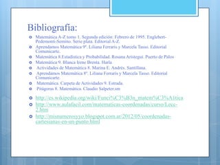 Bibliografía:
   Matemática A-Z tomo 1. Segunda edición: Febrero de 1995. Englebert-
    Pedemonti-Semino. Serie plata. Editorial A-Z.
   Aprendamos Matemática 9º. Liliana Ferraris y Marcela Tasso. Editorial
    Comunicarte.
   Matemática 8.Estadística y Probabilidad. Rosana Aristegui. Puerto de Palos
   Matemática 9. Blanca Irene Brenta. Harla
   Actividades de Matemática 8. Marina E. Andrés. Santillana.
   Aprendamos Matemática 8º. Liliana Ferraris y Marcela Tasso. Editorial
    Comunicarte.
   Matemática. Carpeta de Actividades 9. Estrada.
   Pitágoras 8. Matemática. Claudio Salpeter.sm

   http://es.wikipedia.org/wiki/Funci%C3%B3n_matem%C3%A1tica
   http://www.aulafacil.com/matematicas-coordenadas/curso/Lecc-
    2.htm
   http://misnumerosyyo.blogspot.com.ar/2012/05/coordenadas-
    cartesianas-en-un-punto.html                 ww . g o o g l e . c o m / u r l ? q = h t t p % 3 A% 2 F % 2 F w w w . y o u t u b e . c o m % 2 Fw a t c h %
    %3Duaj0XcLtN5c%26feature%3Drelatedhttp://www.google.com/url?q=http%3A%2F%2Fwww.youtube.com%2Fwatch%3F
    v%3DnIQRlJkuFWkhttp://www.youtube.com/watch?v=wiBHcHcrma4&feature=my_liked_videos&list=LLwH_a8oId4PvNvx
    RotEkbuAseguridadenFacebook:http://www.google.com/url?q=http%3A%2F%2Fwww.wikisaber.es%2Fcomunidadwiki%2
    Fblogs%2Fblogpost.aspx%3Fid%3D14961%26blogid%3D63860&sa=D&sntz=1&usg=AFQjCNEdm89or_JSKK2DiwIV_DA2w
    1mRSgseguridadengoogle+:http://www.google.com/url?q=http%3A%2F%2Fwww.wikisaber.es%2Fcomunidadwiki%2Fblo
    gs%2Fblogpost.aspx%3Fid%3D15058%26blogid%3D63860&sa=D&sntz=1&usg=AFQjCNGlqLen3-g2uqnYIMCZ7cD79nGru
    w
 