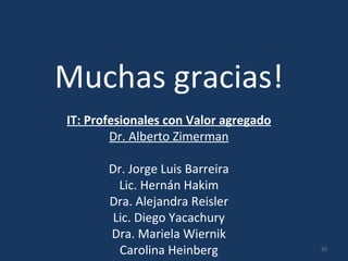 Muchas gracias! IT: Profesionales con Valor agregado Dr. Alberto Zimerman Dr. Jorge Luis Barreira Lic. Hernán Hakim Dra. A...