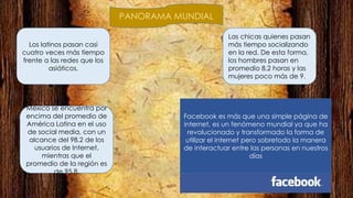Los latinos pasan casi
cuatro veces más tiempo
frente a las redes que los
asiáticos.
México se encuentra por
encima del promedio de
América Latina en el uso
de social media, con un
alcance del 98.2 de los
usuarios de Internet,
mientras que el
promedio de la región es
de 95.8.
Las chicas quienes pasan
más tiempo socializando
en la red. De esta forma,
los hombres pasan en
promedio 8.2 horas y las
mujeres poco más de 9.
Facebook es más que una simple página de
internet, es un fenómeno mundial ya que ha
revolucionado y transformado la forma de
utilizar el internet pero sobretodo la manera
de interactuar entre las personas en nuestros
días
PANORAMA MUNDIAL
 
